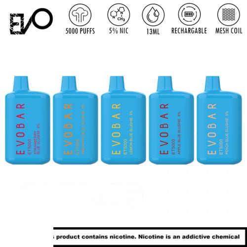 peach blue slushy vape EVO BAR ET5000 5% SYNTHETIC NIC 13ML SLUSHIE EDITION DISPOSABLE